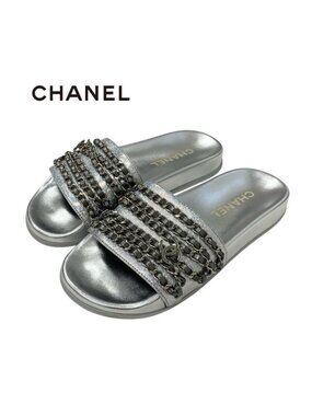 Chanel Sandals Shoes Leather Silver Coco Mark Chain Flat Mule